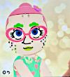 A Tomodachi LIfe mii with pink hair and green eyebrows and pink and green leopard print on the temples. It represents me.