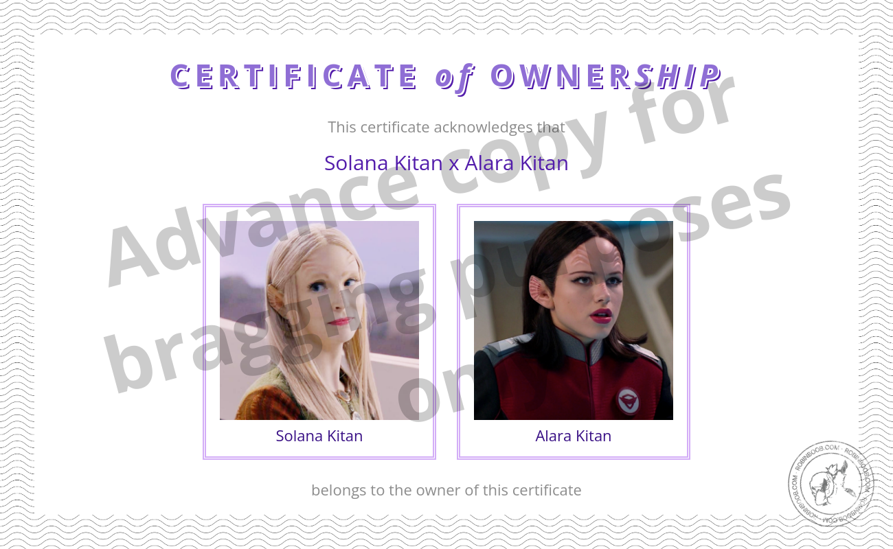 joke certificiate indicating ownership of the fictional relationship between alara and solana kitan