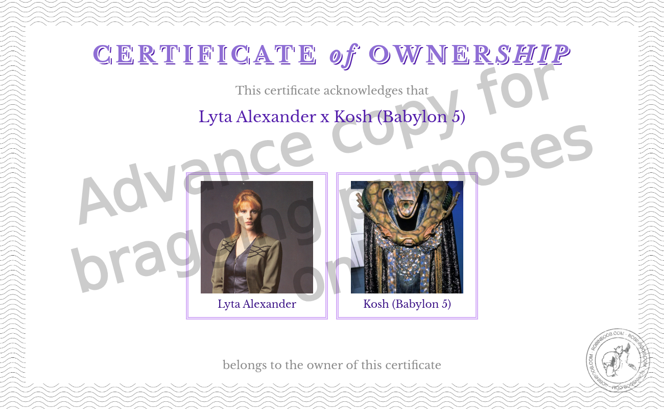 joke certificiate indicating ownership of the fictional relationship between 
lyta alexander and kosh naranek
