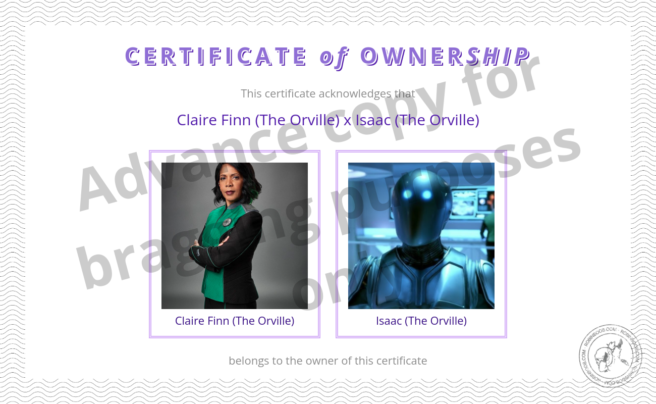 joke certificiate indicating ownership of the fictional relationship between claire finn and isaac