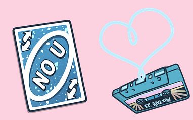 Two discord emojis. One is a UNO reverse card that says NO YOU. The other is a casette with a heart. They are both blue.