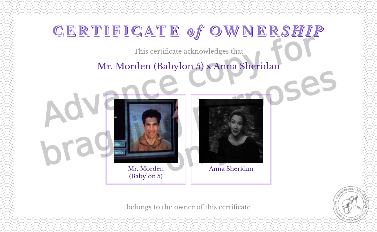 joke certificiate indicating ownership of the fictional relationship between mr morden and anna sheridan